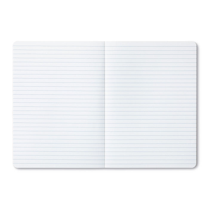 Open notebook with lined pages on a white background