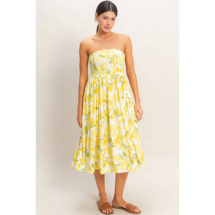 Strapless Lemon-Print Midi Dress