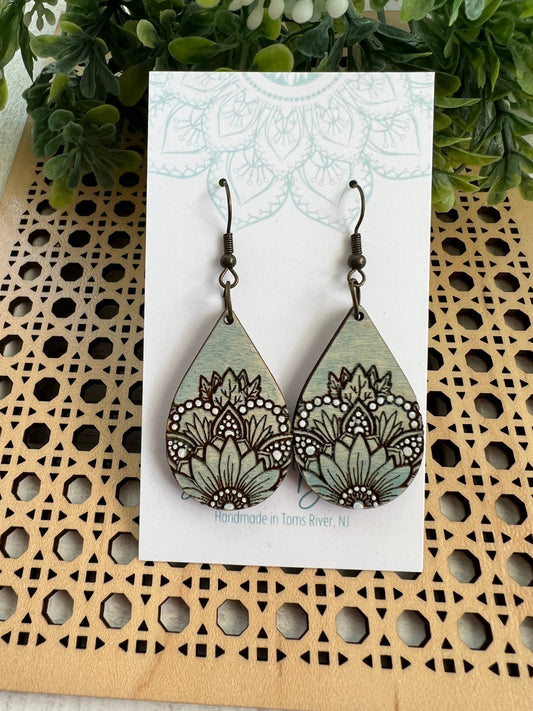 Wooden Earrings - Sunflower Mandala - Green