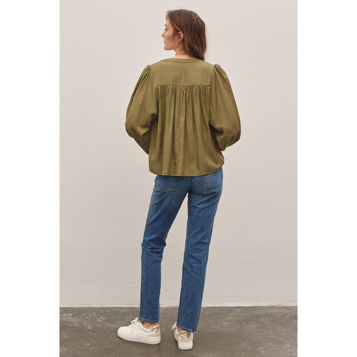 Split Neck Balloon Sleeve Blouse