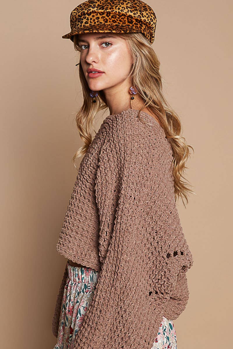 Round neck semi cropped chenille solid sweater SALE