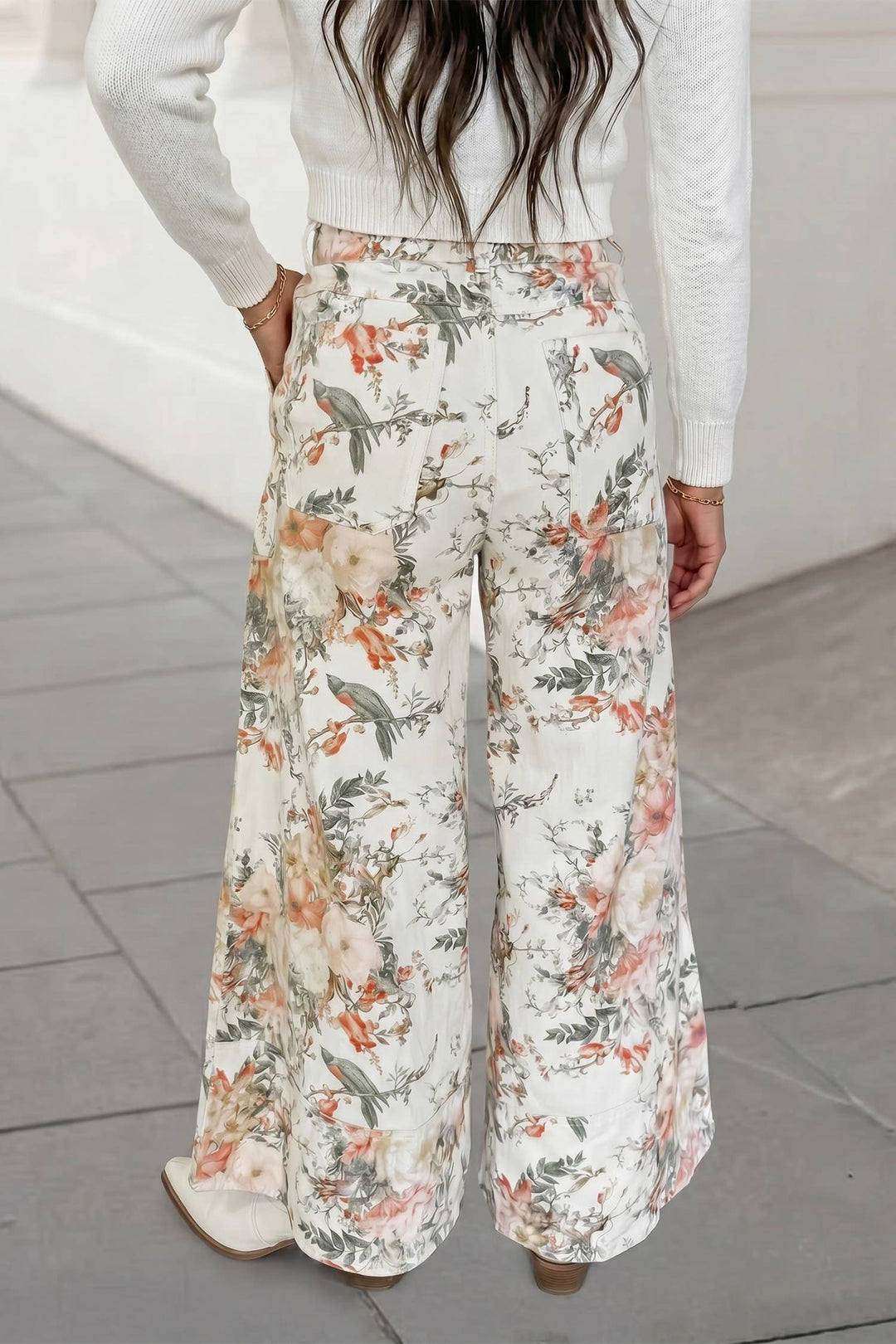 Floral Print Vintage Style High Waist Wide Leg Jeans | 4-16