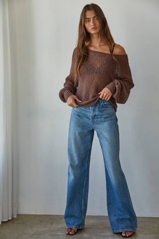 W1106 | Sweater Knit Crochet Round Neck Long Sleeve Top