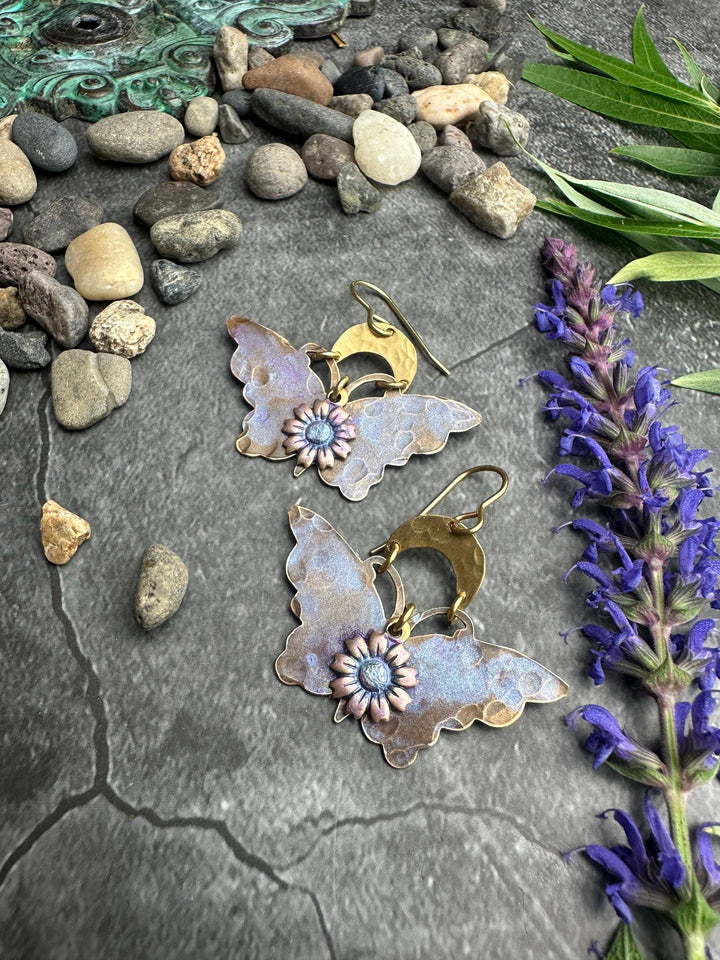 Lavender Butterfly Earrings Floral Brass Dangles Fairycore