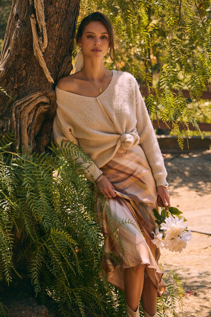 KIND TO PLANET WAFFLE SWEATER TOP WITH EXPOSED SEAM