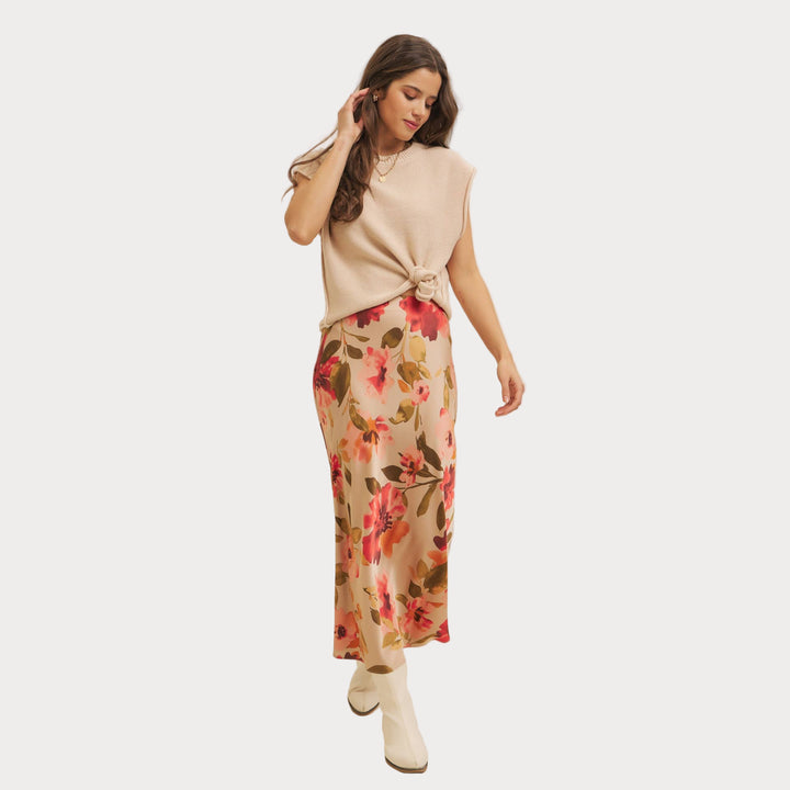 Floral Satin Bias Cut Maxi Skirt | Pink & Red Slip Skirt