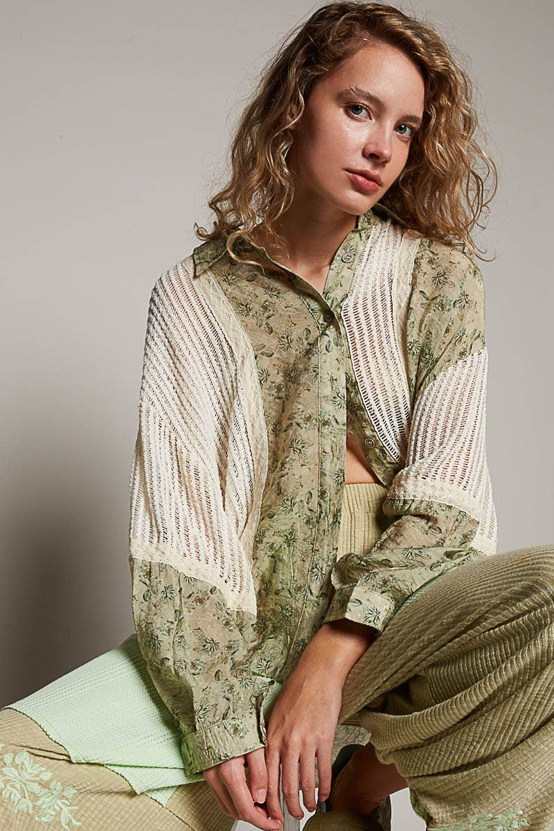 Vintage Olive Floral Button-Up Top with Cream Mesh Panel Accents