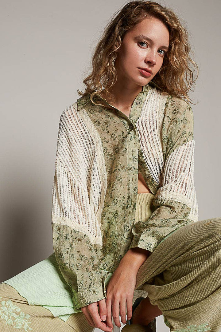 Vintage Olive Floral Button-Up Top with Cream Mesh Panel Accents