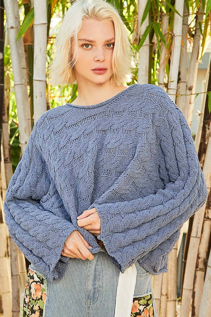 Round neck semi cropped knitted solid sweater