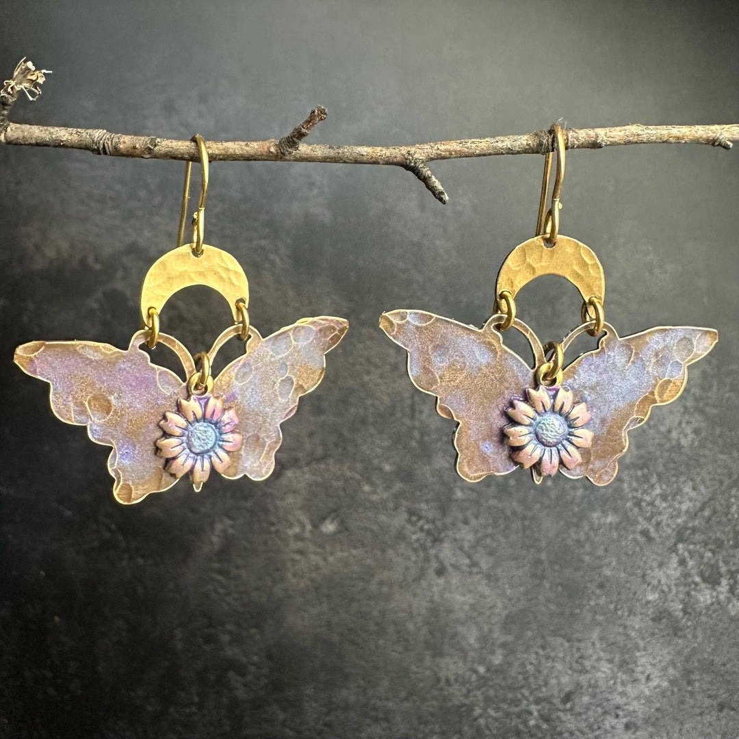 Lavender Butterfly Earrings Floral Brass Dangles Fairycore