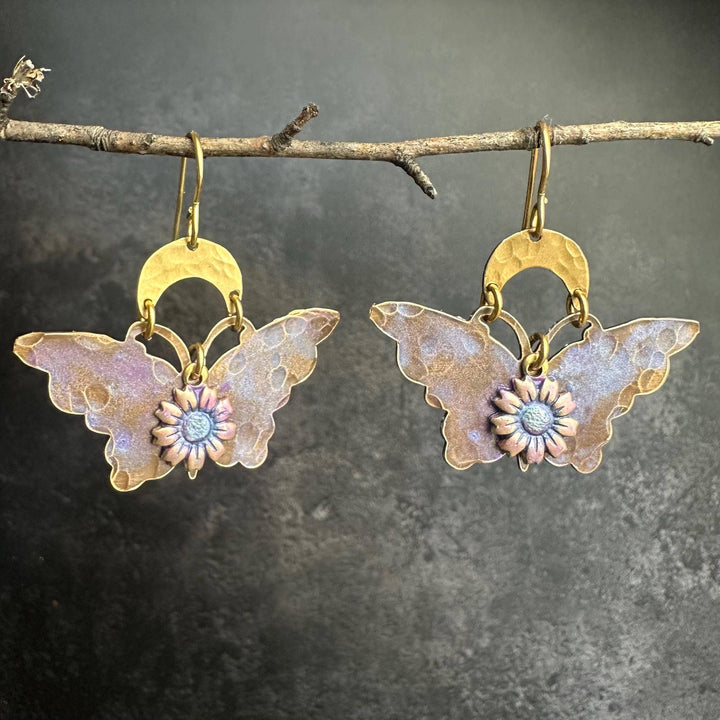 Lavender Butterfly Earrings Floral Brass Dangles Fairycore