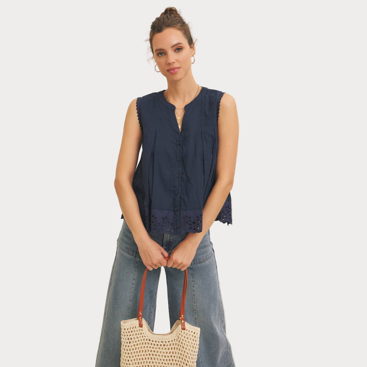 Eyelet Sleeveless Blouse | Button-Front Tank Top