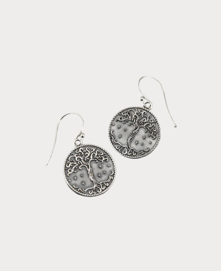 Sterling silver tree of life earrings with embossed circular design and French hook ear wires