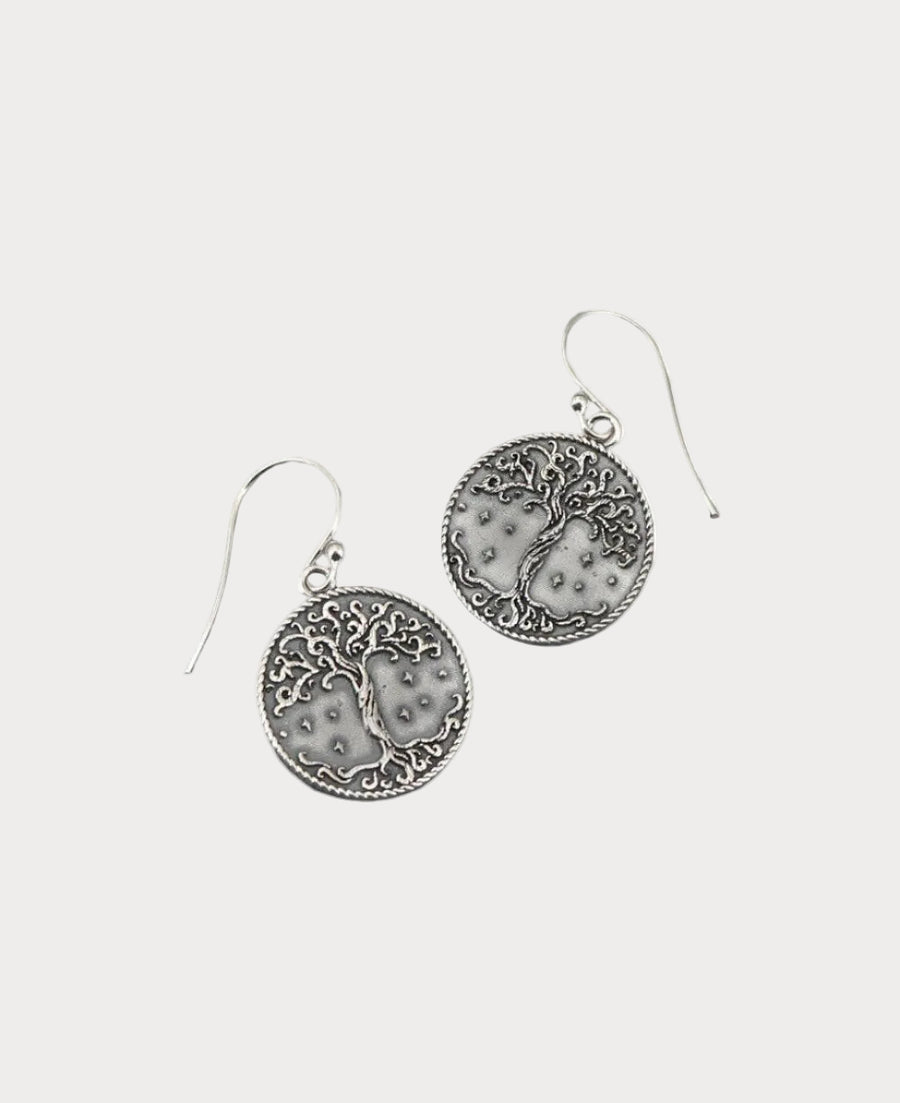 Sterling silver tree of life earrings with embossed circular design and French hook ear wires