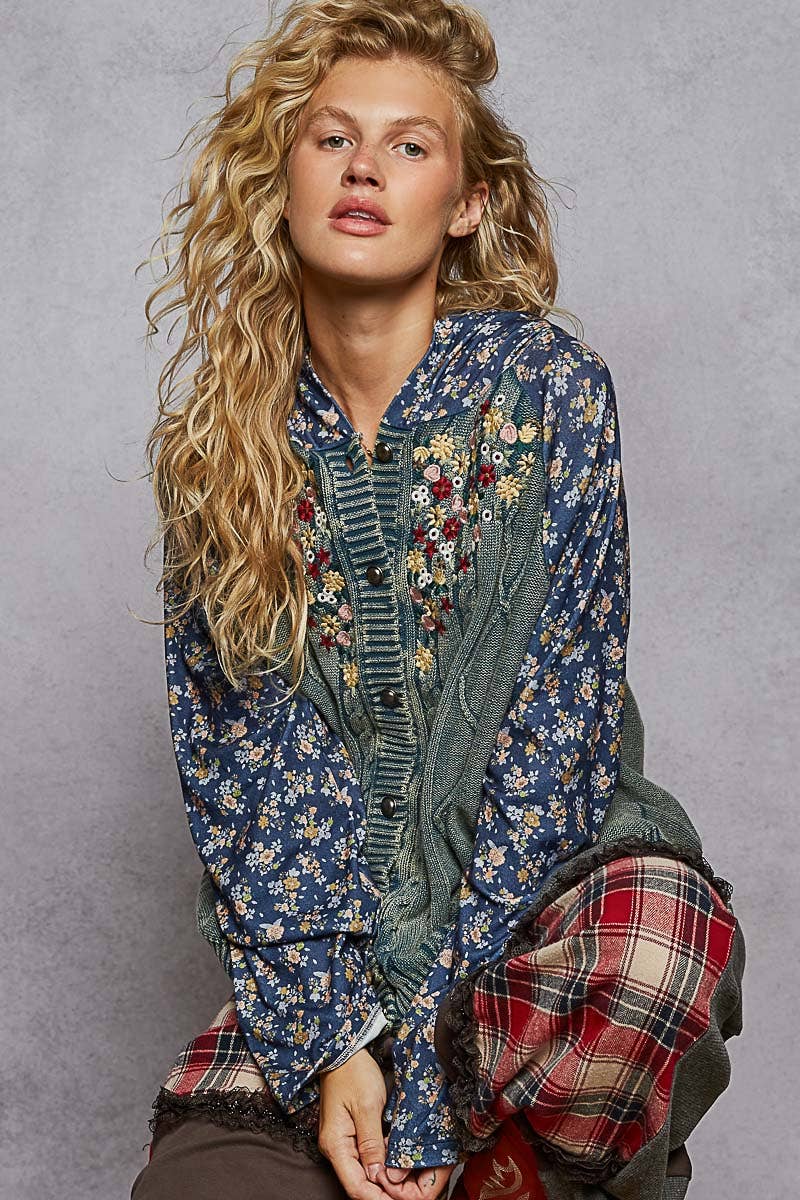 Embroidered Floral Hooded Sweater – Relaxed Boho Charm