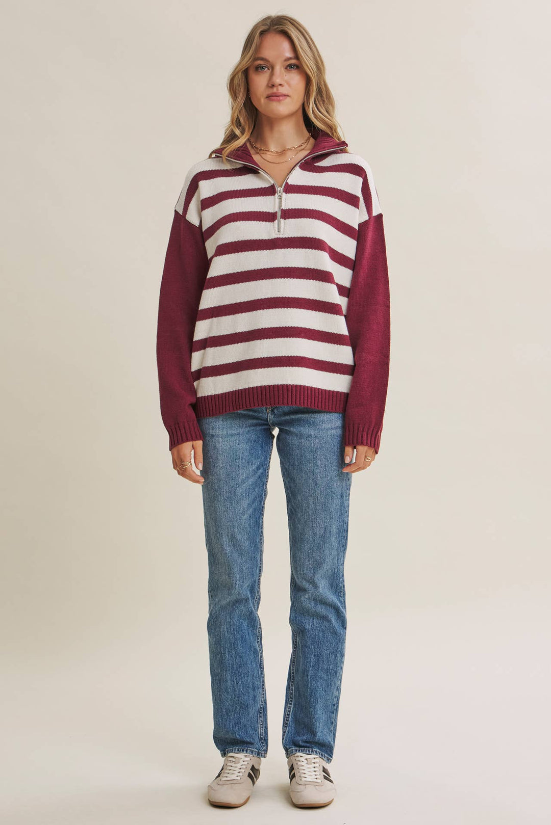 EVERGREEN DAYS CLASSIC HALF ZIP STRIPE PULLOVER SWEATER