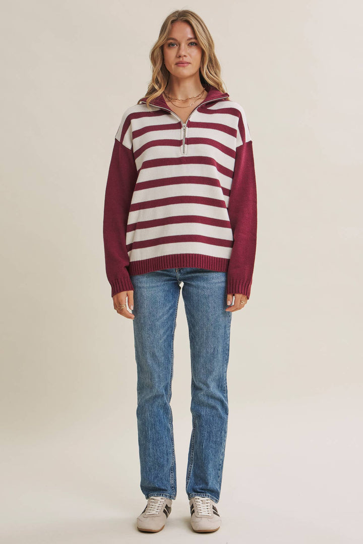 EVERGREEN DAYS CLASSIC HALF ZIP STRIPE PULLOVER SWEATER