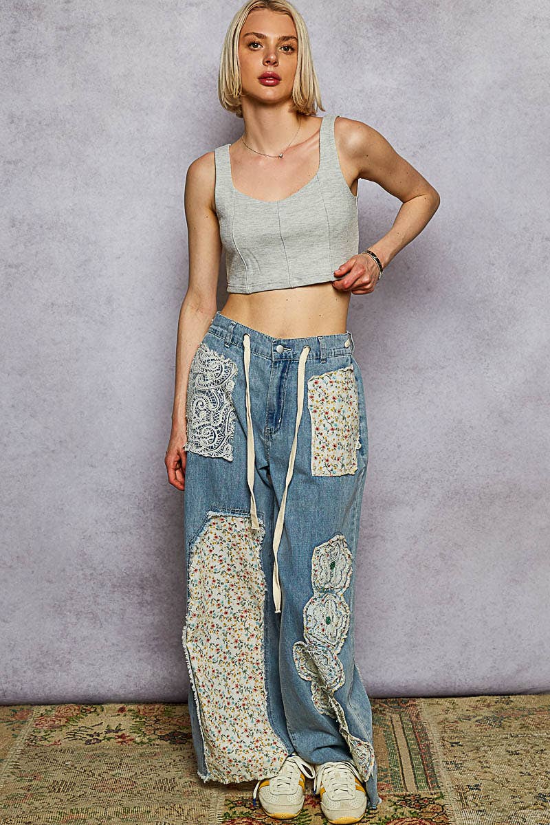 Drawstring Floral Patch Denim Pants – Effortless Boho Denim