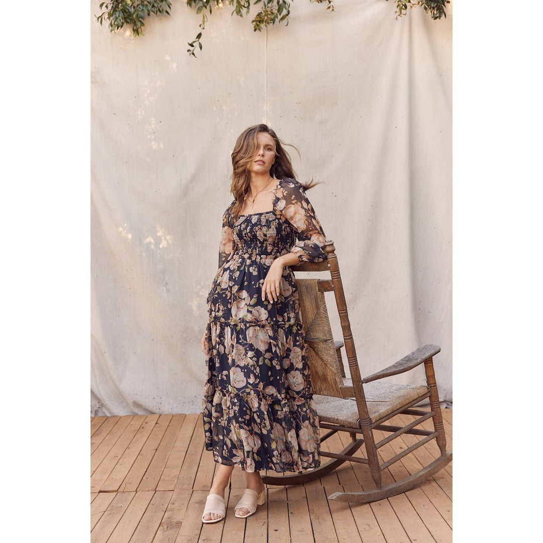 Floral Square Neck Dress w/ Balloon Sleeve