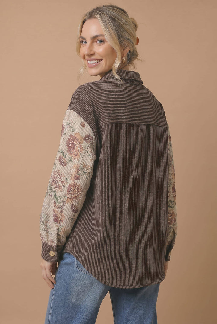 Floral Wave Rib Knit Color Block Shirt