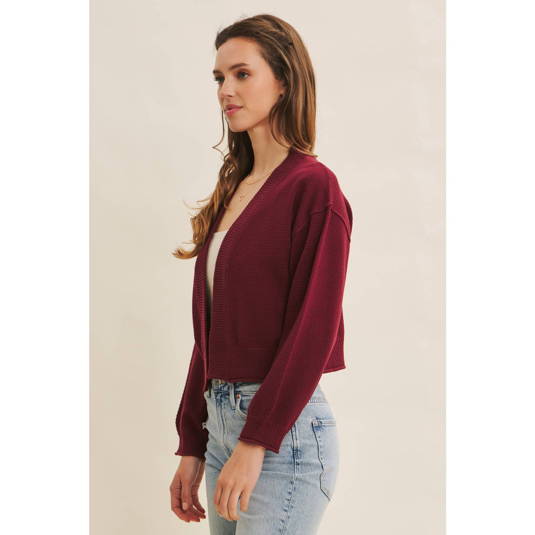 Waffle Knit Balloon Sleeve Cardigan | Cropped Sweater