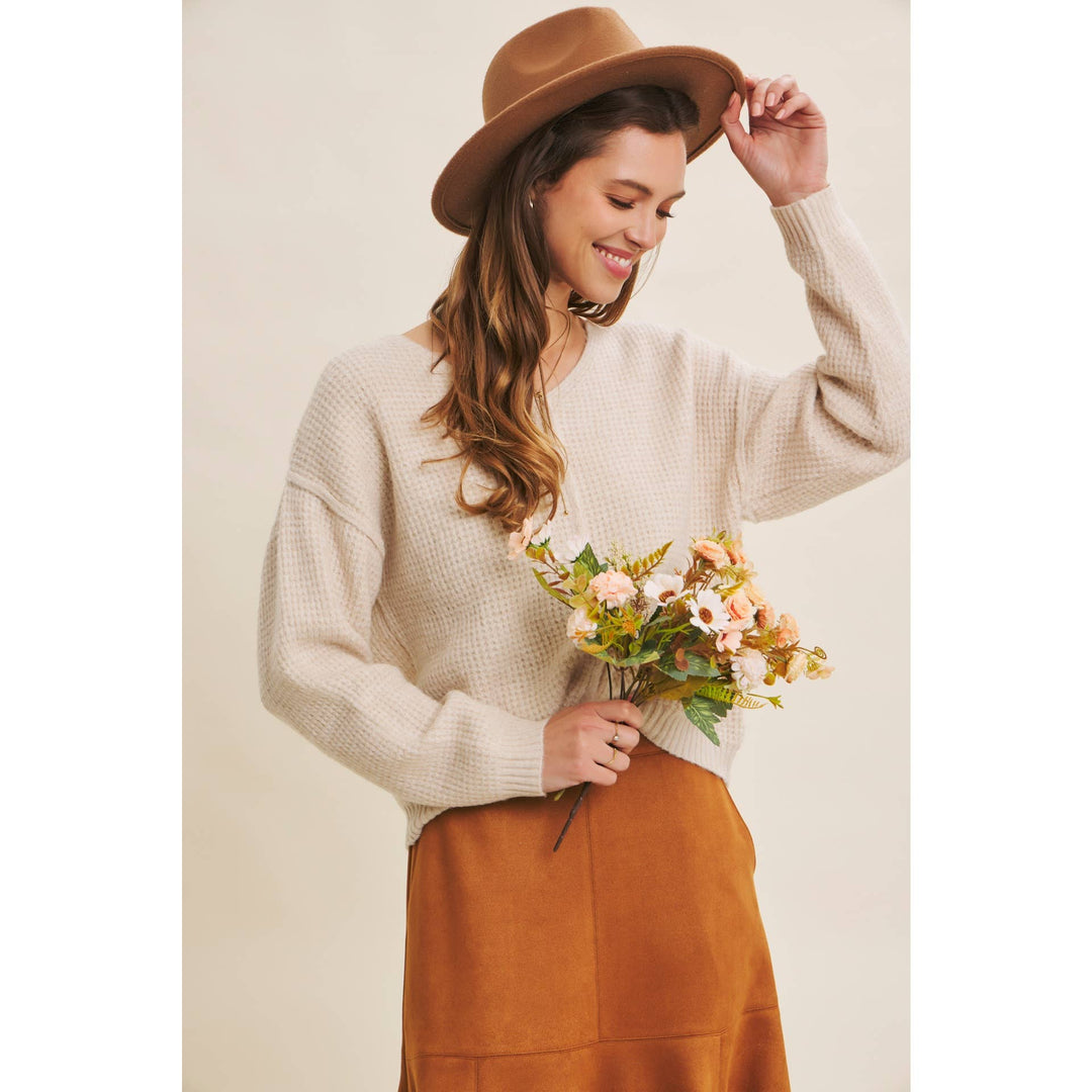 KIND TO PLANET WAFFLE SWEATER TOP WITH EXPOSED SEAM