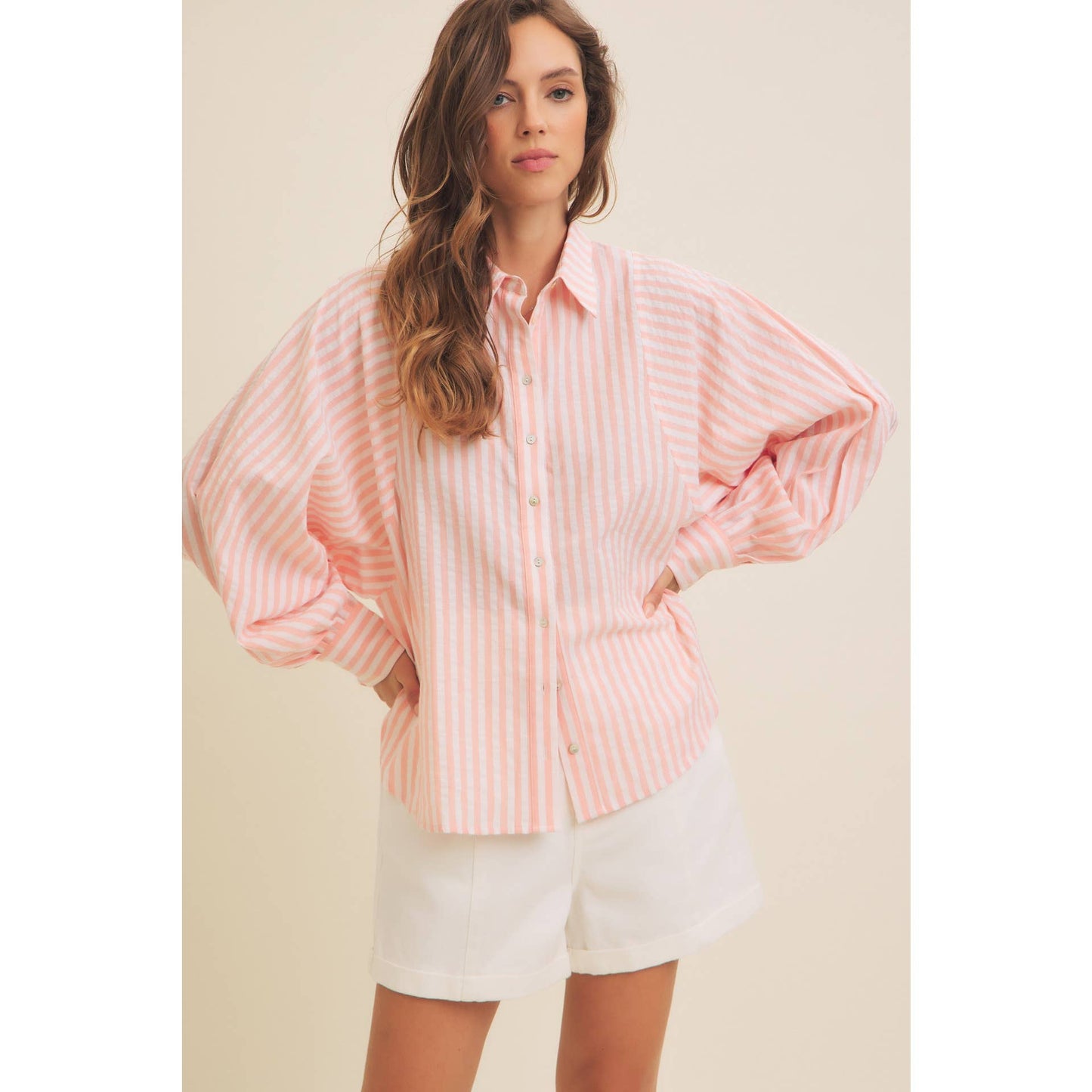 VOLUMINOUS SLEEVED BUTTON-DOWN COTTON STRIPE SHIRT