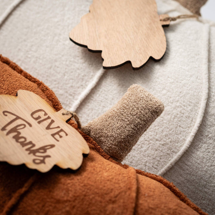 Pumpkin Pillow with "Give Thanks" Wooden Leaf Tag