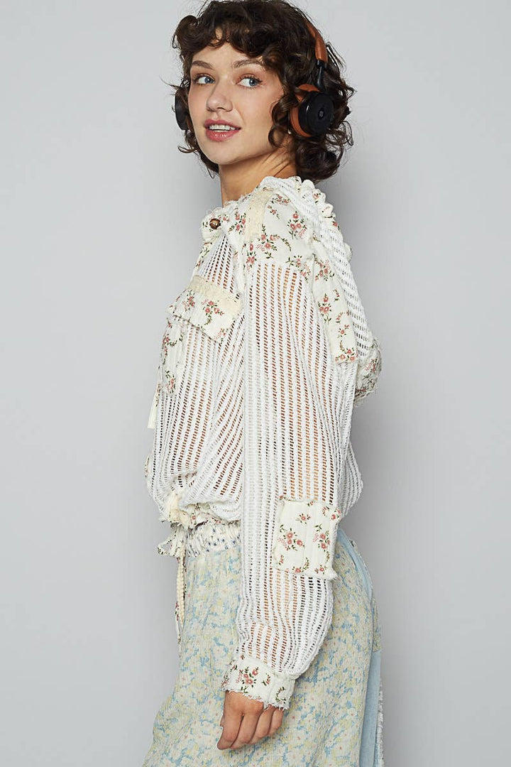 Boho Chic Lilac Mesh Button-Up Top with Floral Patchwork Detail