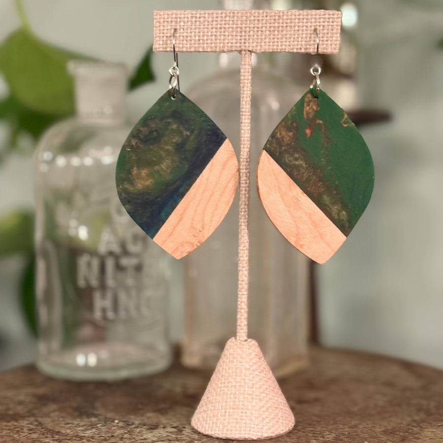 Handcrafted Fern & Curly Maple Wood & Resin Earrings featuring rare curly maple wood, deep fern-green resin accents, and hypoallergenic stainless-steel hooks.