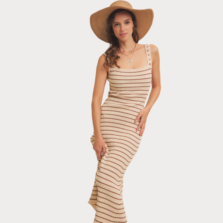 Striped Ribbed Knit Dress | Cream & Brown Midi Sweater Dress