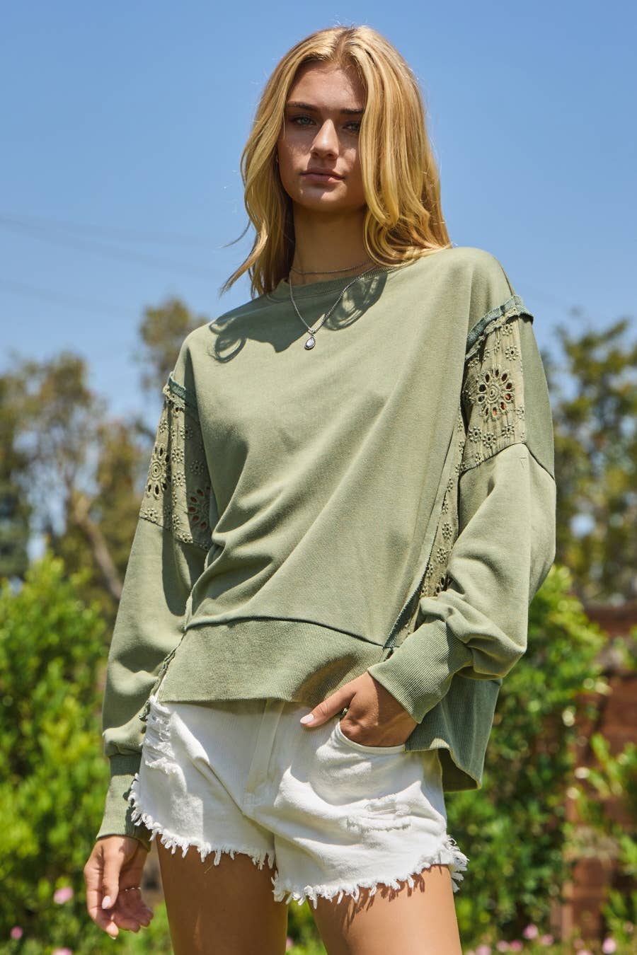 Plus Acid Washed Eyelet Lace Sweatshirt