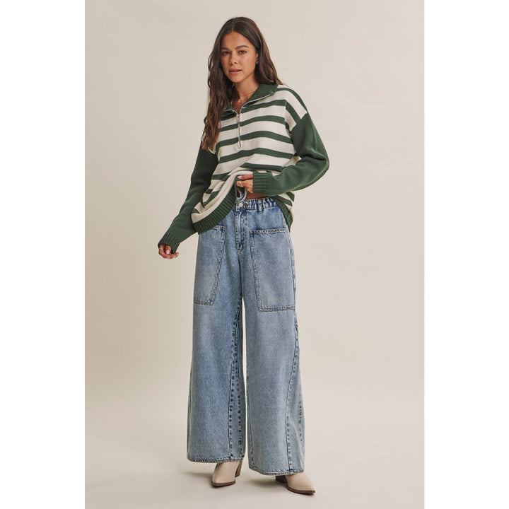 EVERGREEN DAYS CLASSIC HALF ZIP STRIPE PULLOVER SWEATER