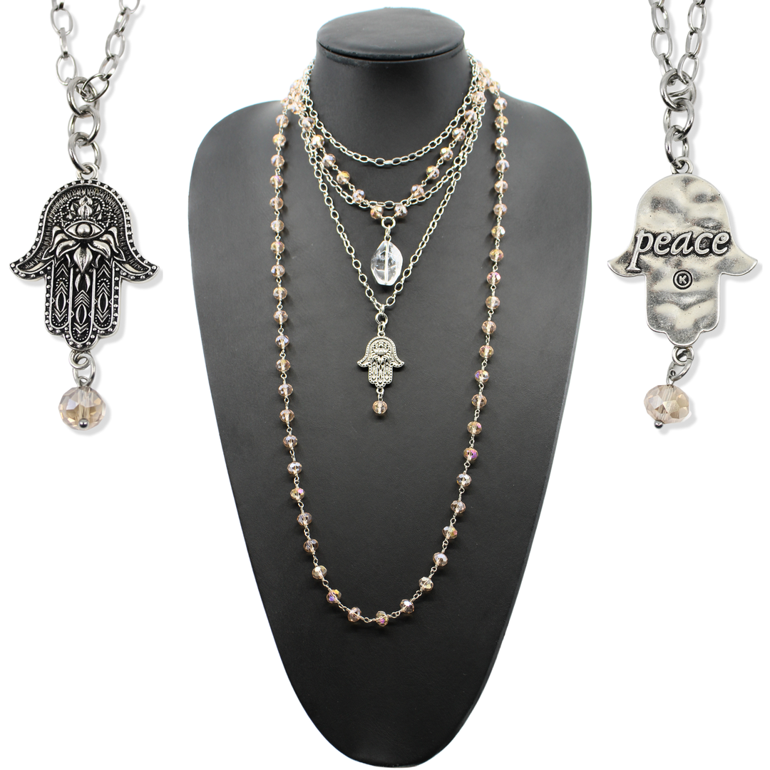 Peace Hamsa Crystal Rosary Necklace Layering Set