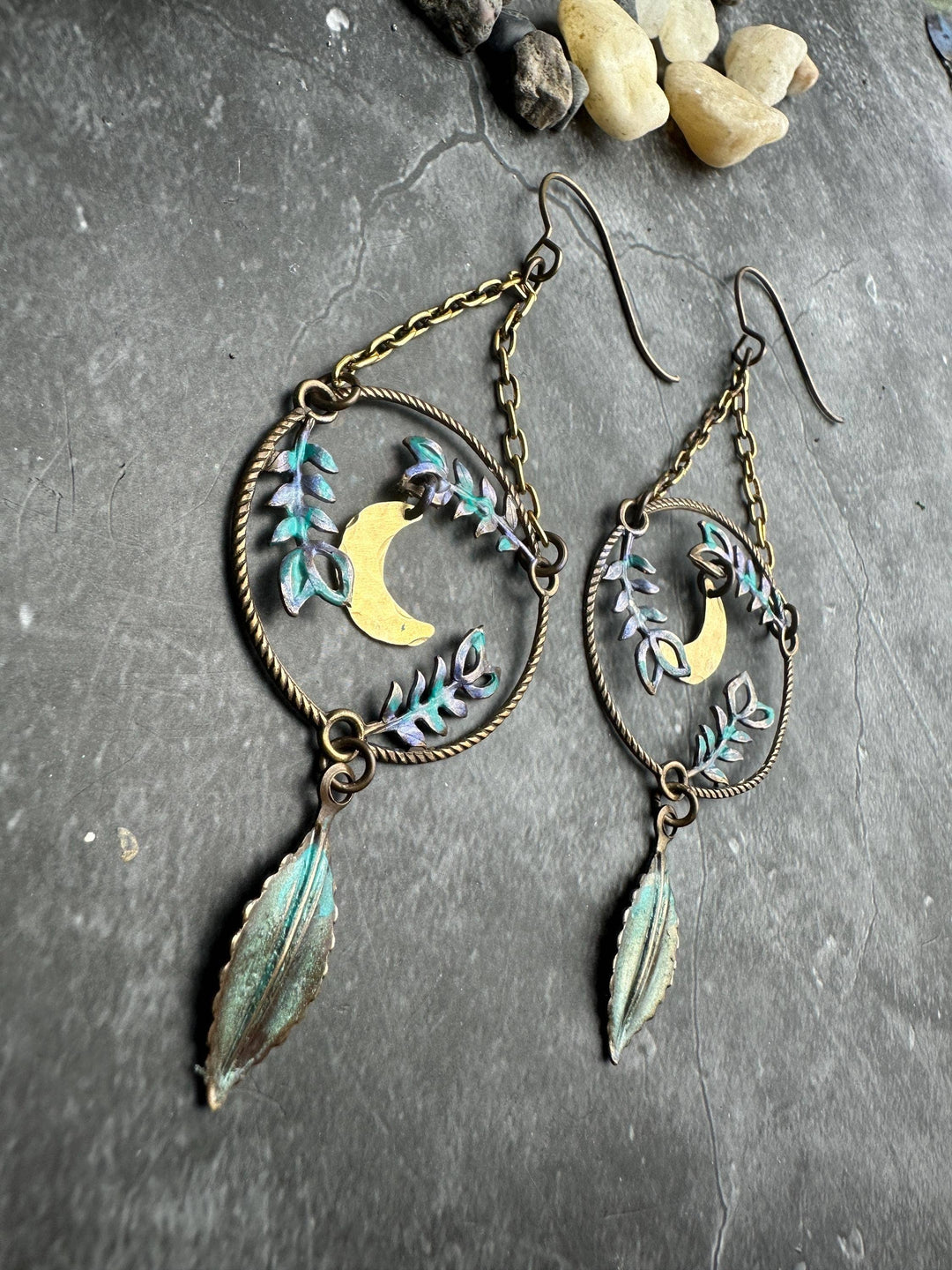 Fern Forest Moon Earrings - Iridescent Patina Brass