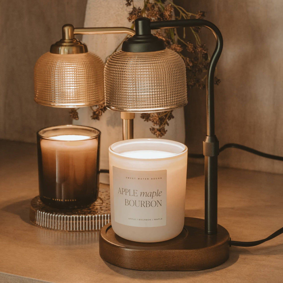 Wood Base Candle Lamp Warmer with Textured Glass Shade