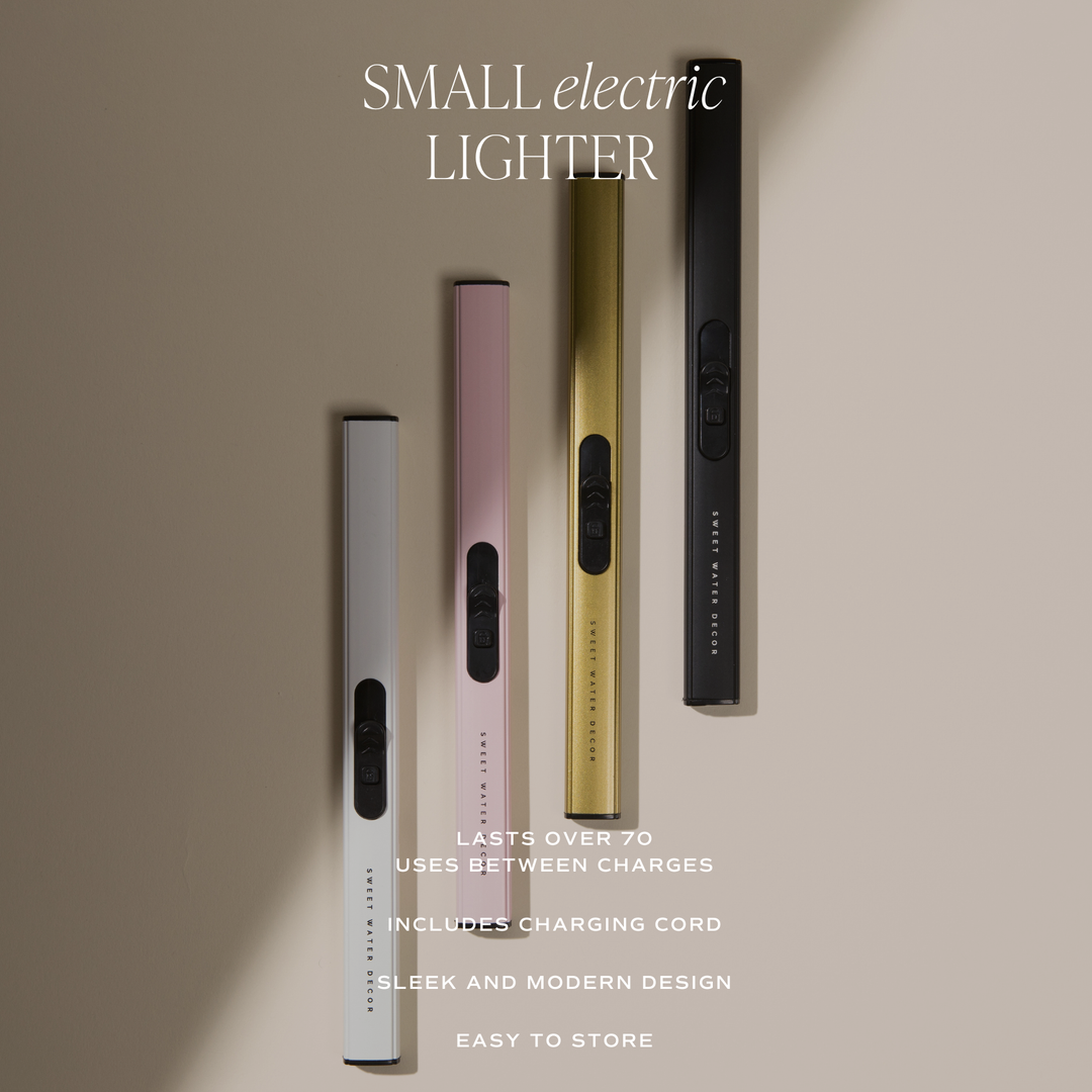 Three small electric lighters in different colors on a beige background with product features text.