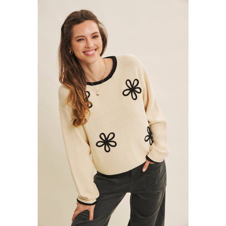 Contrast Floral Appliqué Sweater