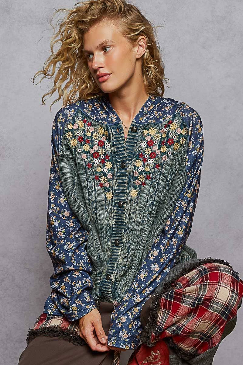 Embroidered Floral Hooded Sweater – Relaxed Boho Charm