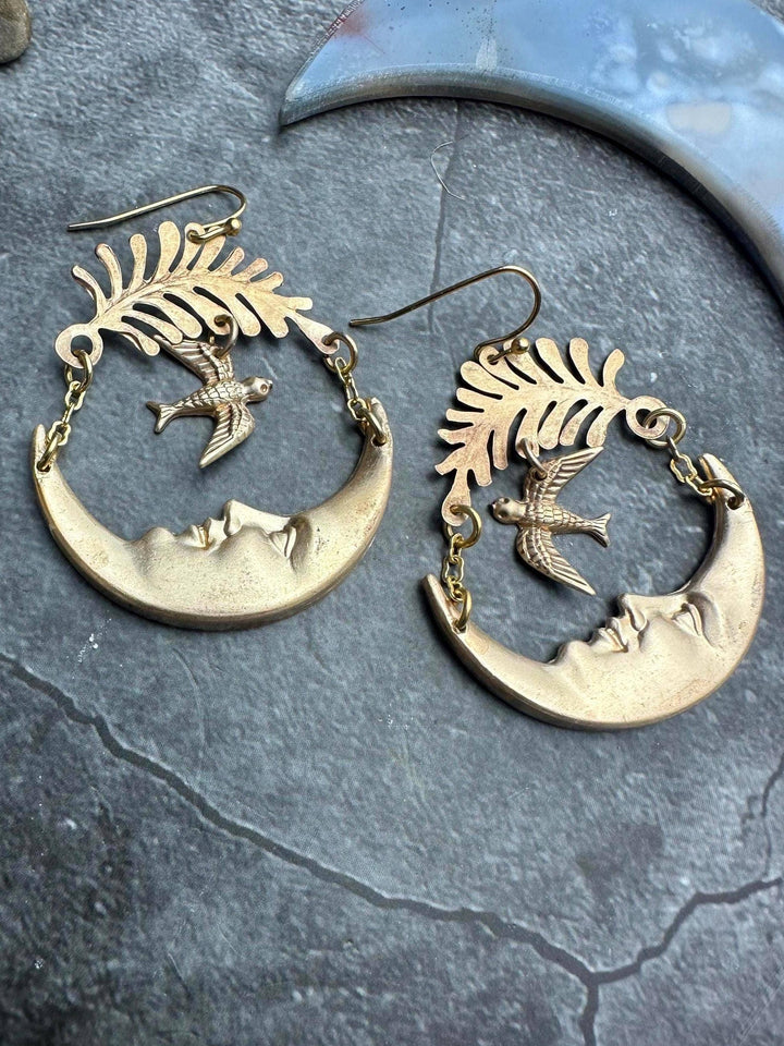Luna Messenger Earrings - Crescent Moon Face with Bird