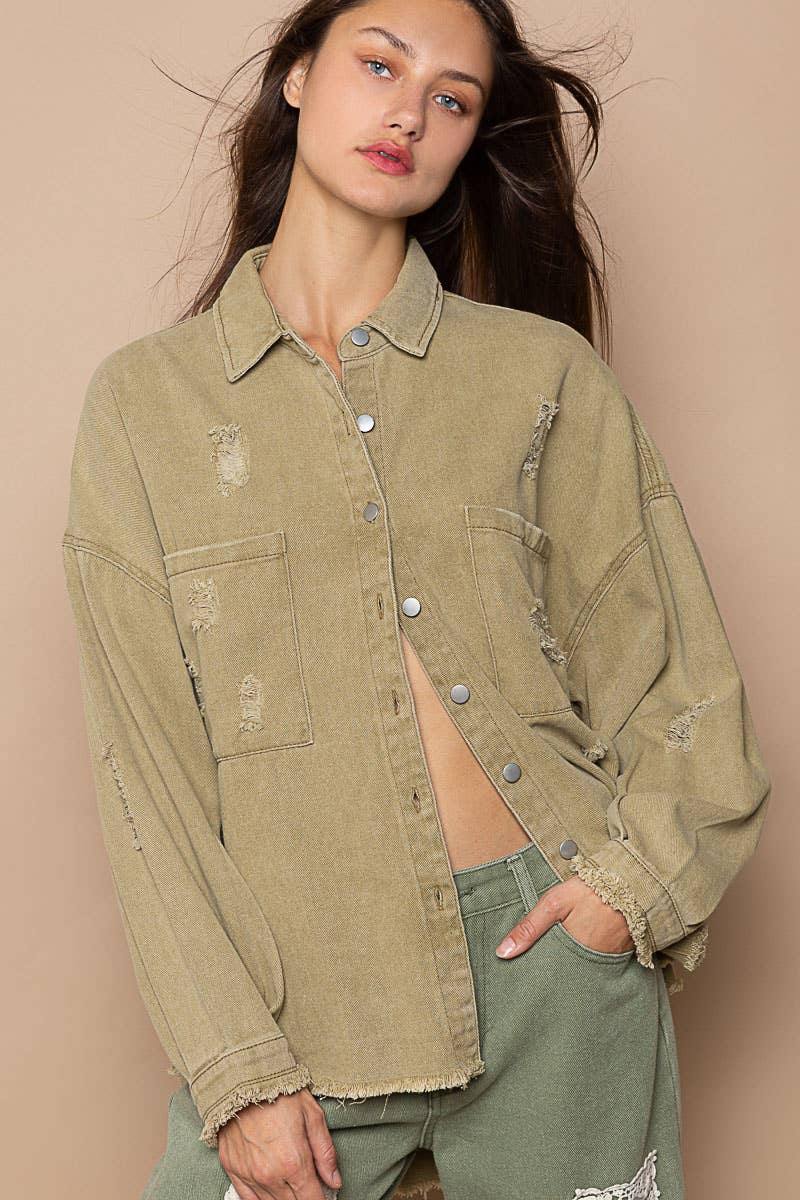 Front pocket distressed button down twill shacket shirt