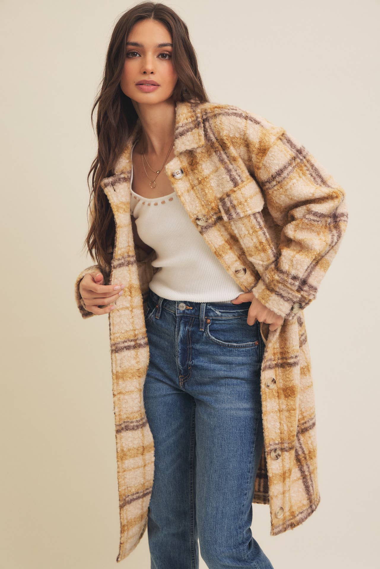 WESTERN PLAID BOUCLE OVERSIZED SHACKET WITH POCKETS