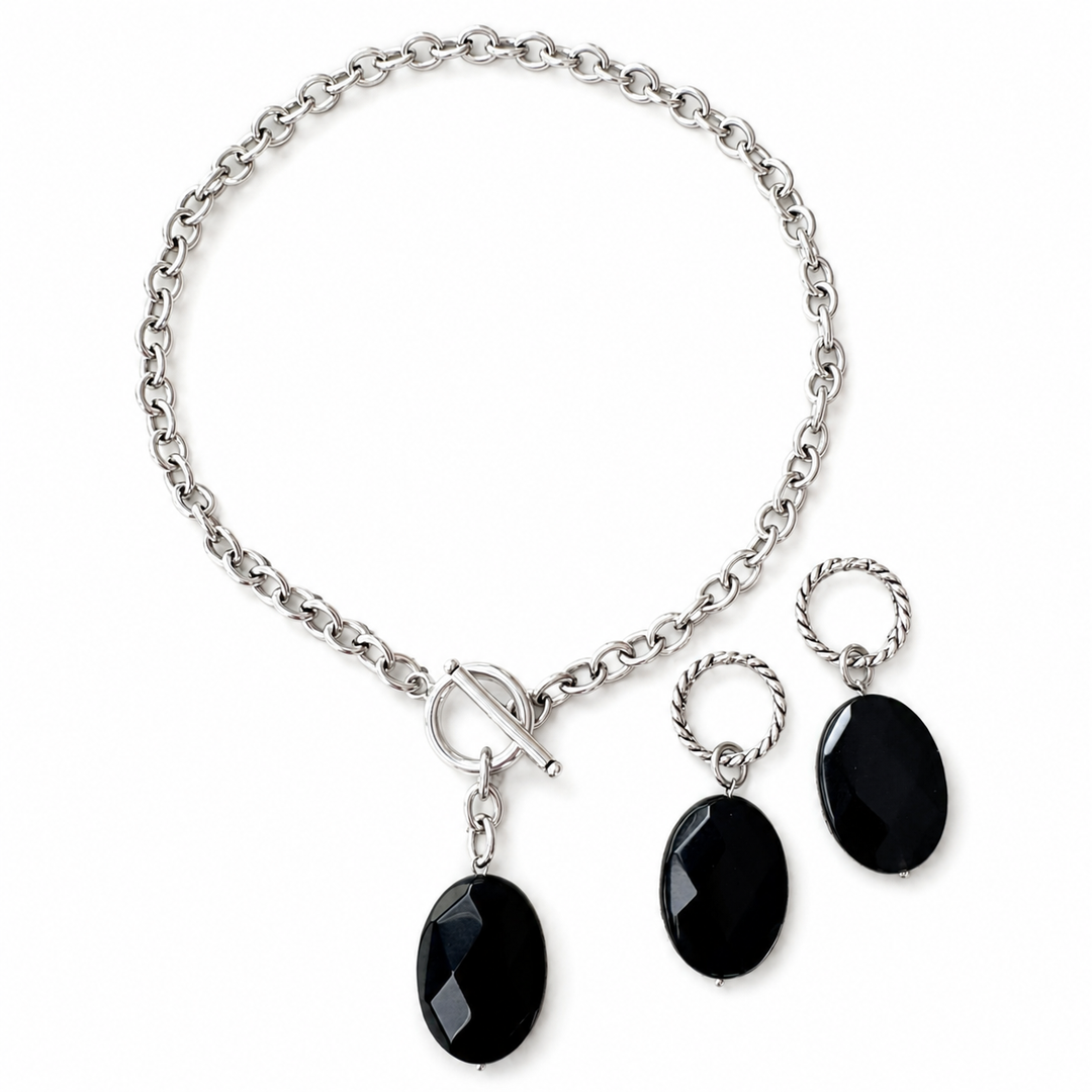 Black Onyx Toggle Choker & Huggie Earring Set