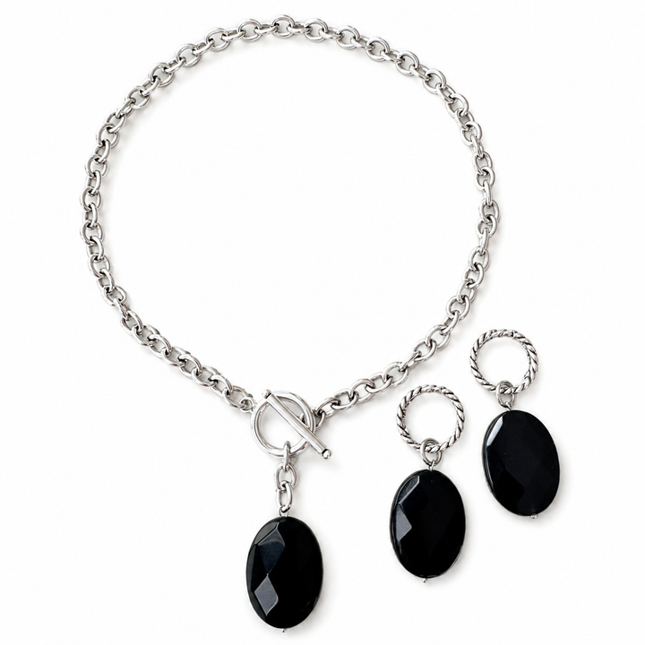Black Onyx Toggle Choker & Huggie Earring Set
