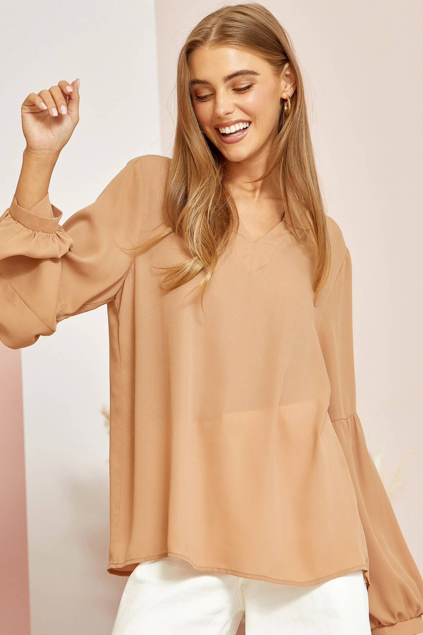 Split Neck Long Sleeve Top