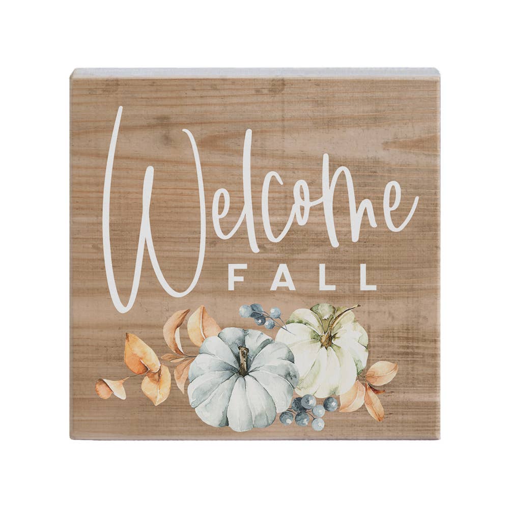 Rustic "Welcome Fall" Wooden Sign with Blue Pumpkins