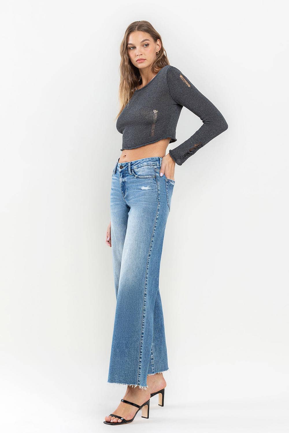 Olivia - Mid Rise Clean Cut Raw Hem Wide Jeans