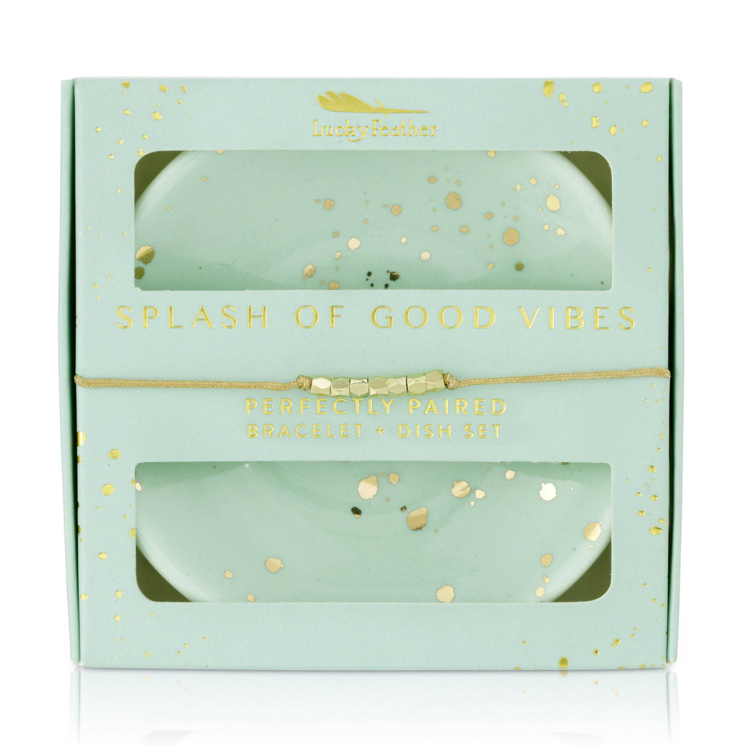 Splash of Good Vibes bracelet and trinket dish gift set with aqua and gold accents