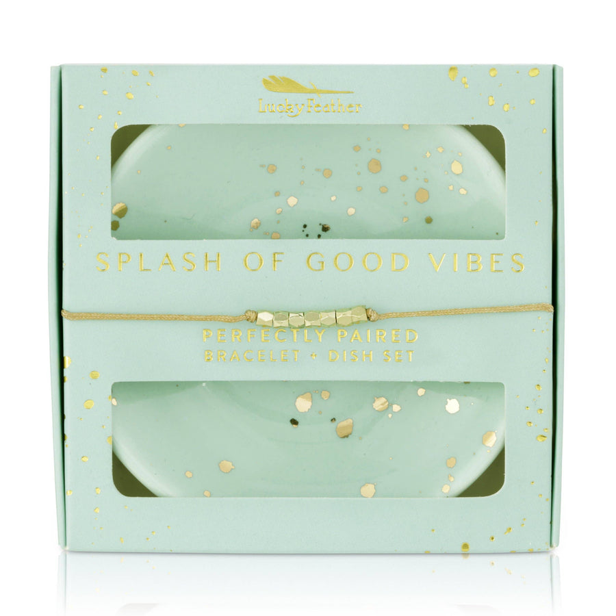Splash of Good Vibes bracelet and trinket dish gift set with aqua and gold accents