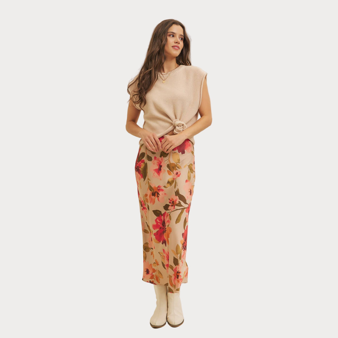 Floral Satin Bias Cut Maxi Skirt | Pink & Red Slip Skirt